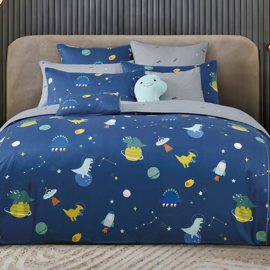 100% 40s Cotton Printed Duvet Cover + Bedding Sheet + Pillow Cases Set -  Dino Space