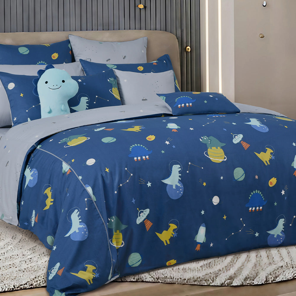 100% 40s Cotton Printed Duvet Cover + Bedding Sheet + Pillow Cases Set -  Dino Space